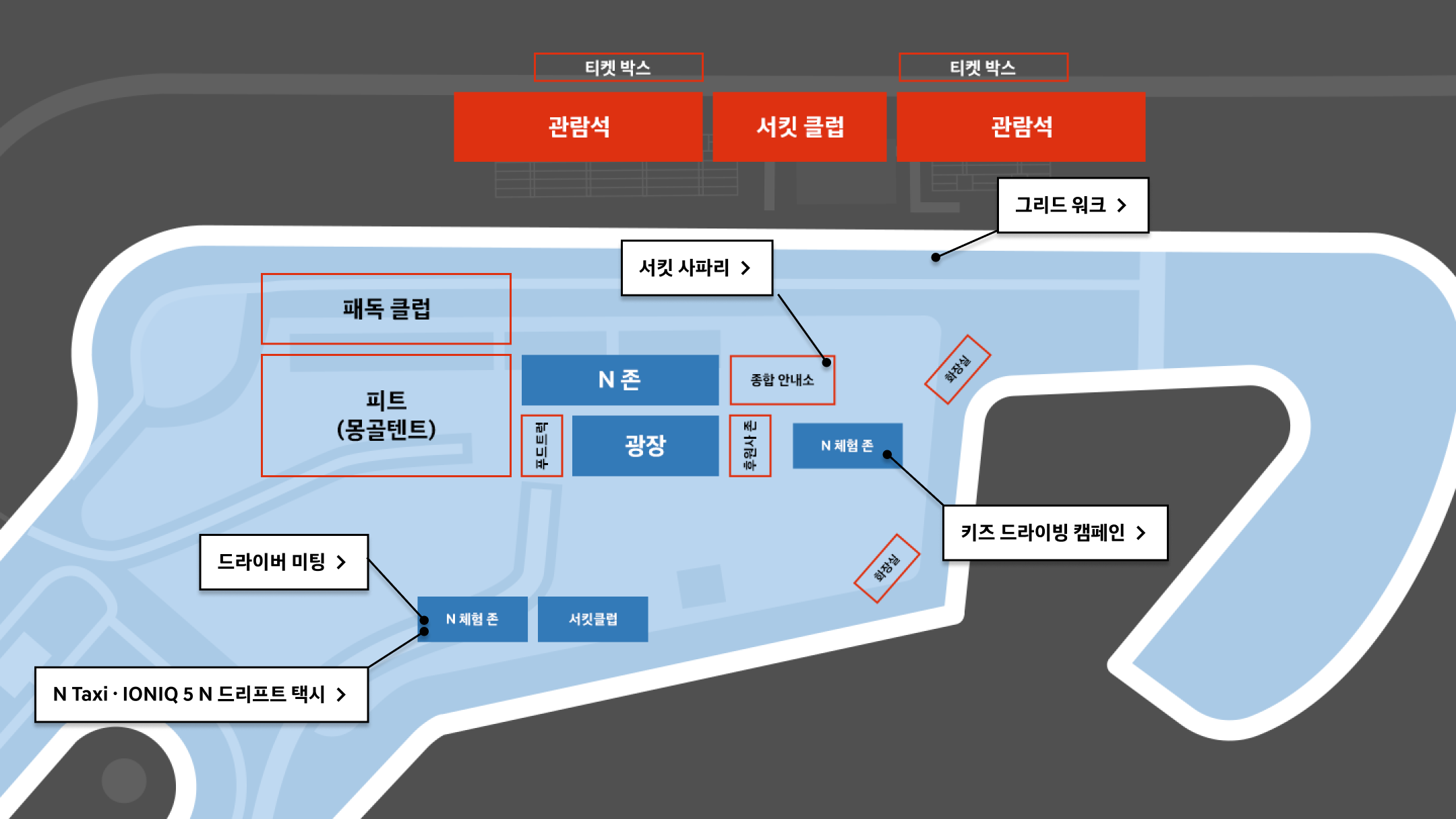 A패독 N Experience zone : 12시 방향 관람석, 서킷클럽, 관람석 배치. 중앙 방면 전체 행사 구역으로 11시부터 시계 방향으로 패독 클럽, N존, 종합 안내소, 푸드트럭, 광장, 후원사 존, N 체험 존, 6시 방향 N 체험 존, 서킷 클럽. N 체험 존 내 키즈 드라이빙 캠페인, 드라이버 미팅, N Taxi, IONIQ 5 N 드리프트 택시 행사. 12시 방향 관람석, N존 사이 서킷 위치 및 그리드 워크 행사.