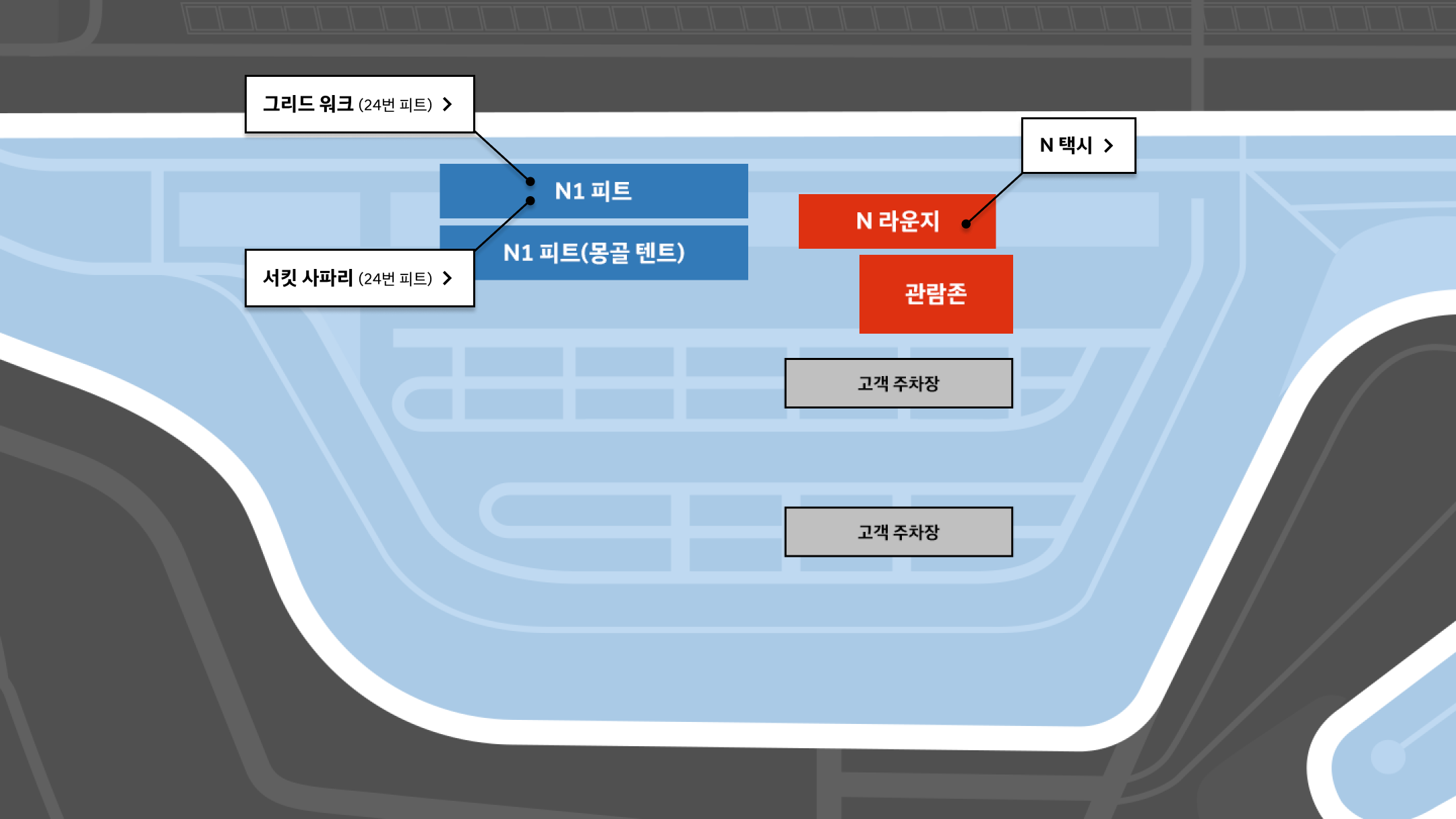 모터스포츠 경험: N1 피트, 그 아래 N2 피트(몽골텐트). N1 피트 안에 그리드 워크, 서킷 사파리 행사 1시 방향 N라운지, 그 아래 관람존. N라운지 안에 N 택시 행사. 5시 방향 고객 주차장.