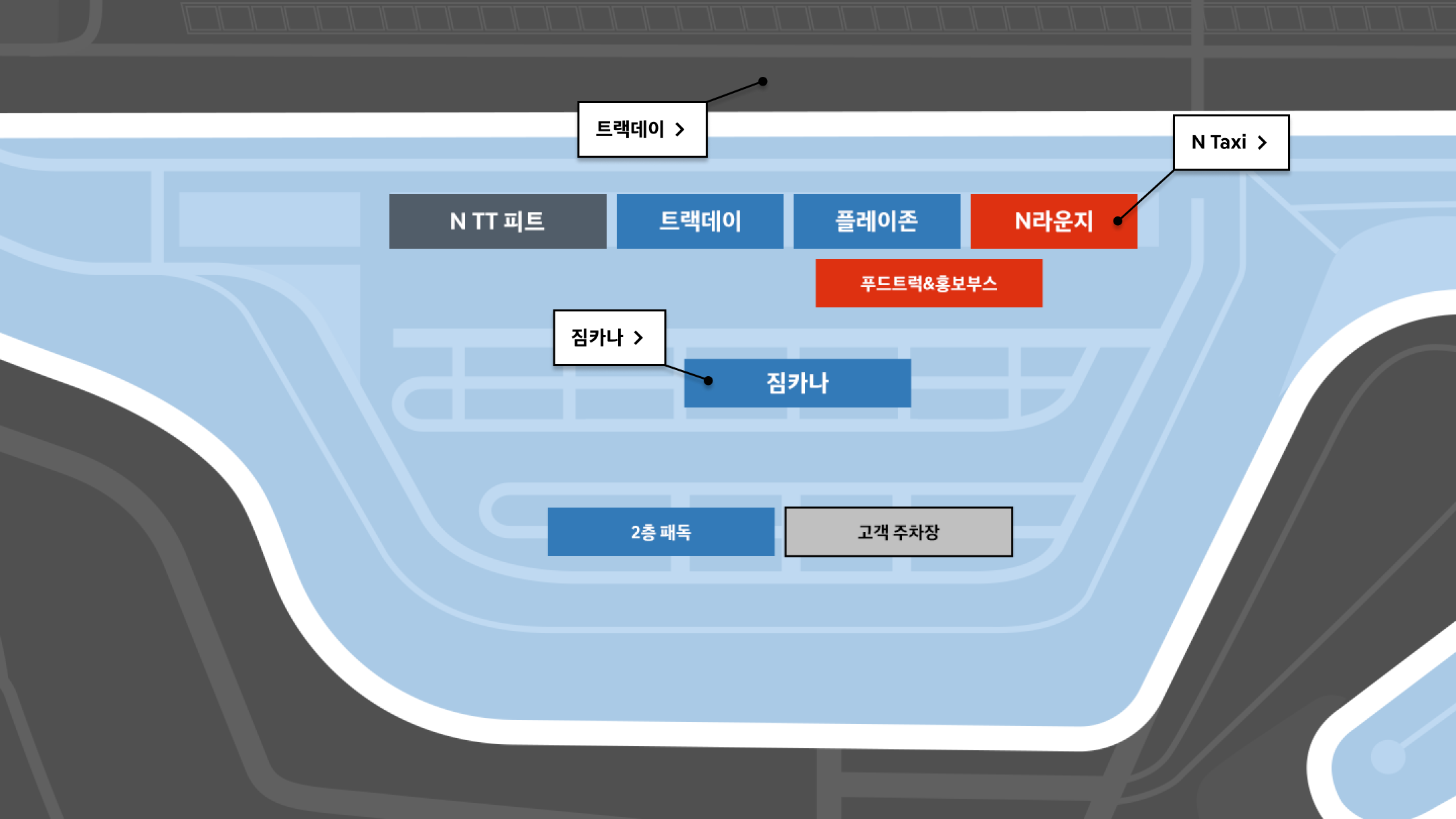 모터스포츠 경험 : 11시 방향 부터 시계 방향으로 N TT 피트, 트랙데이 피트, 플레이존,  N라운지, 푸드트럭&홍보부스, 짐카나, 2층 패독, 고객 주차장. 12시 방향 최상단 트랙 영역 내 트랙데이 행사. N라운지 내, N Taxi 행사. 짐카나 영역 내 짐카나 행사.