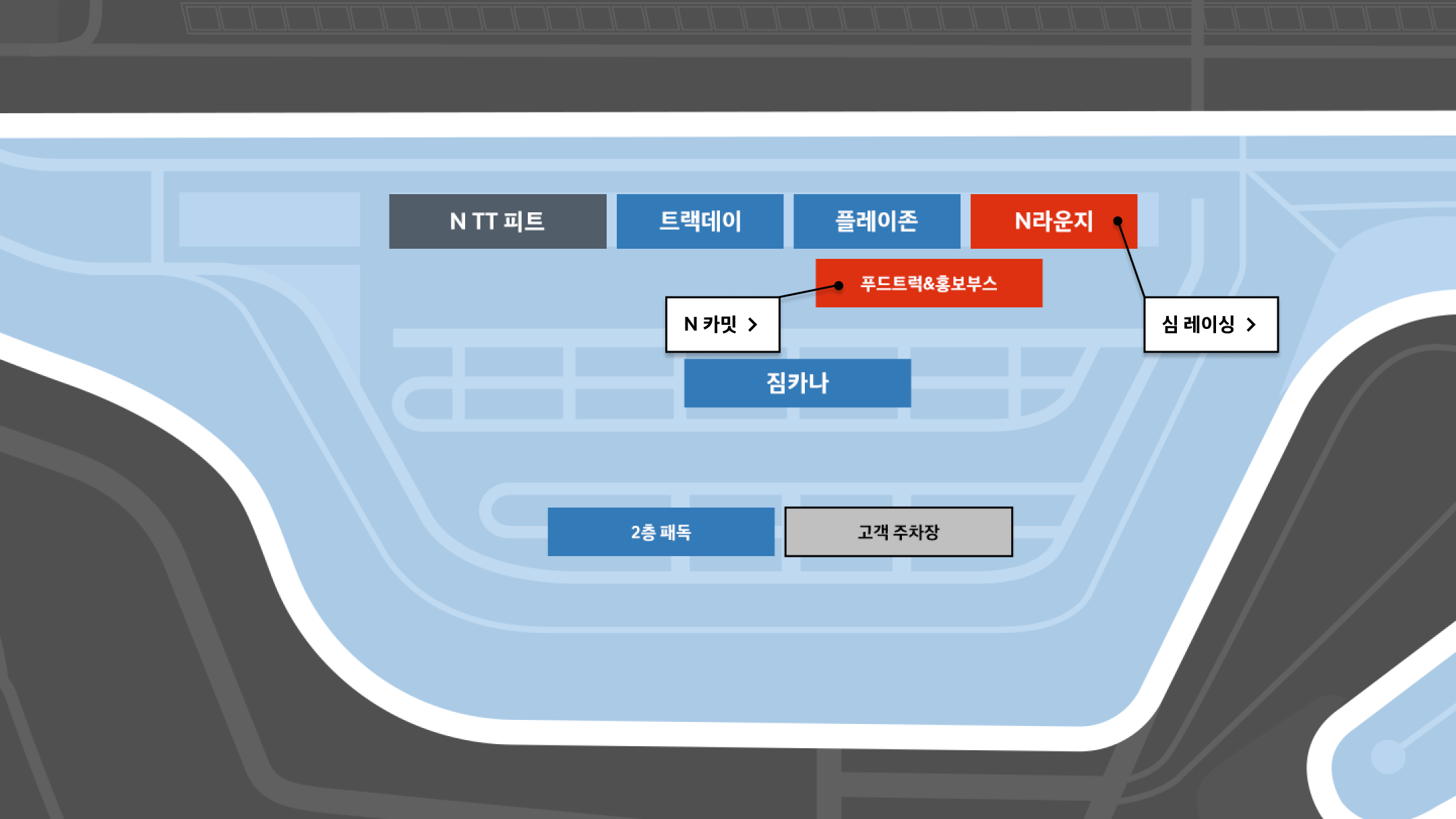 N 라운지: 11시 방향 부터 시계 방향으로 N TT 피트, 트랙데이 피트, 플레이존,  N라운지, 푸드트럭&홍보부스, 짐카나, 2층 패독, 고객 주차장. N 라운지 내 심레이싱 행사. 푸드트럭&홍보부스 내 N 카밋 행사