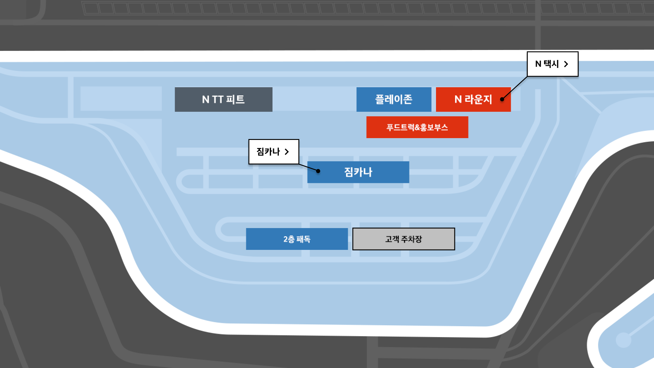 모터스포츠 경험 : 11시 방향 부터 시계 방향으로 N TT 피트, 트랙데이 피트, 플레이존,  N라운지, 푸드트럭&홍보부스, 짐카나, 2층 패독, 고객 주차장. 12시 방향 최상단 트랙 영역 내 트랙데이 행사. N라운지 내, N Taxi 행사. 짐카나 영역 내 짐카나 행사.